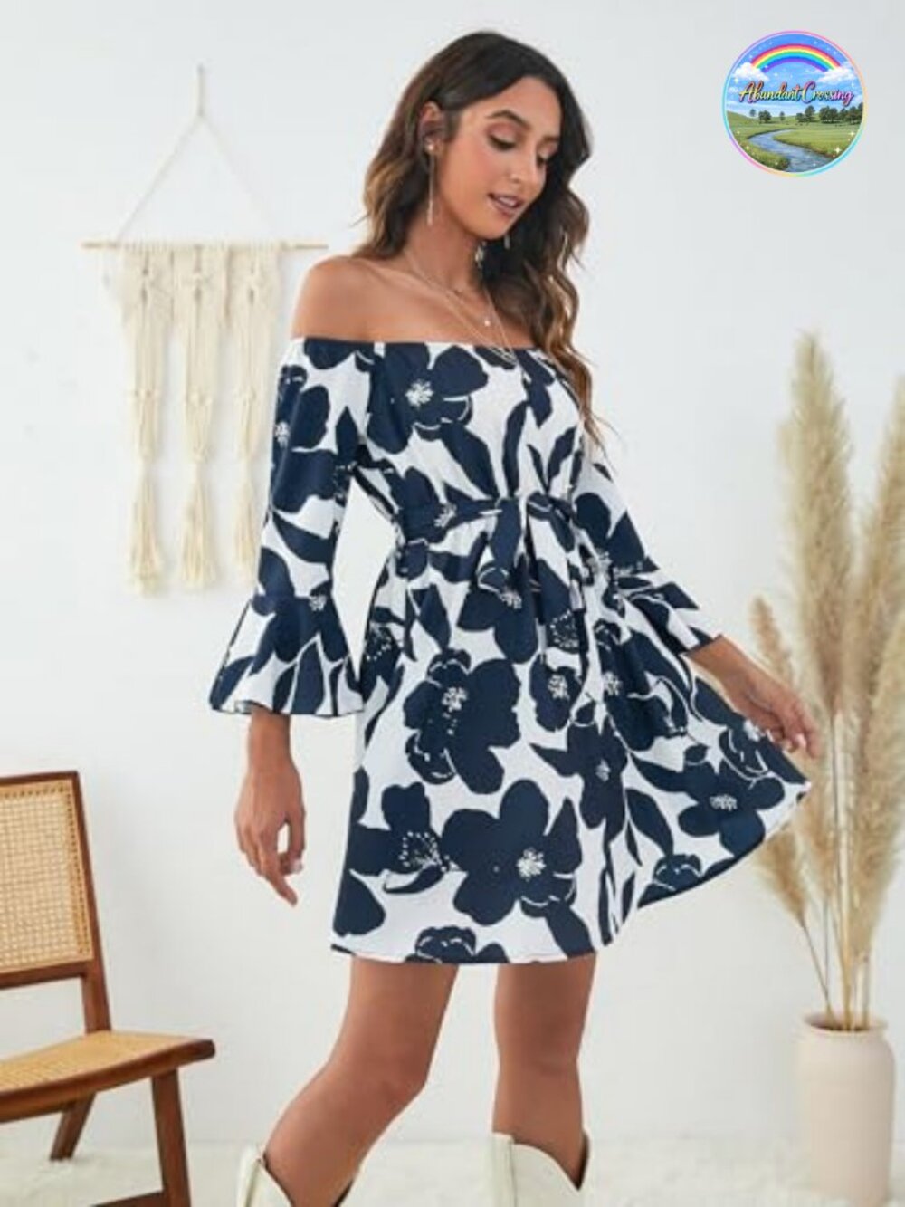 Off Shoulder Ruffle Sleeve Mini Dress - Picture 2 of 3